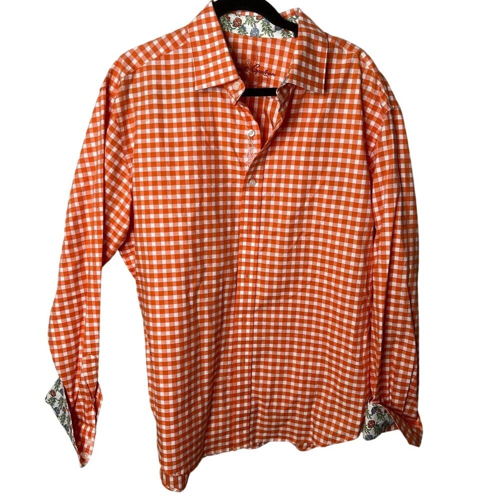 Robert Graham Orange Check Floral Skull Trim Button Down Shirt Size XL